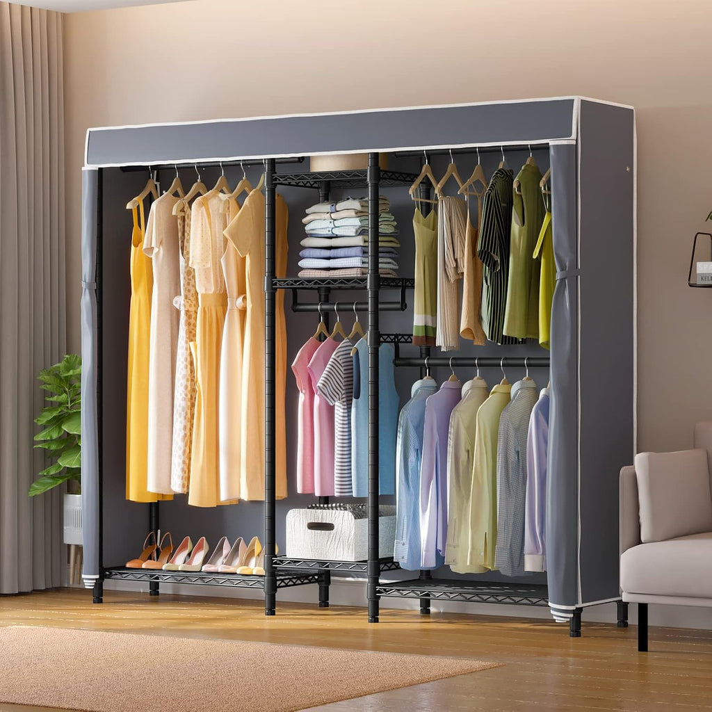 VIPEK Classic V6C Heavy Duty Covered Clothes Rack Portable Wardrobe Closet, 5 Tiers Wire Garment Rack Black Metal Clothing Rack with Grey Oxford Cover, 70.1' L x 17.3' W x 76.4' H, Max Load 870 LBS