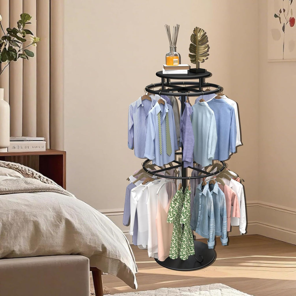 Round Clothes Rack, Childrens Clothing Display Circular Clothes Rack, Rotatable Black Tier Rack with Retail Display Table, Round Garment Rack Kids Clothing Display for Boutiques (BLACK, 55.1'/140cm)