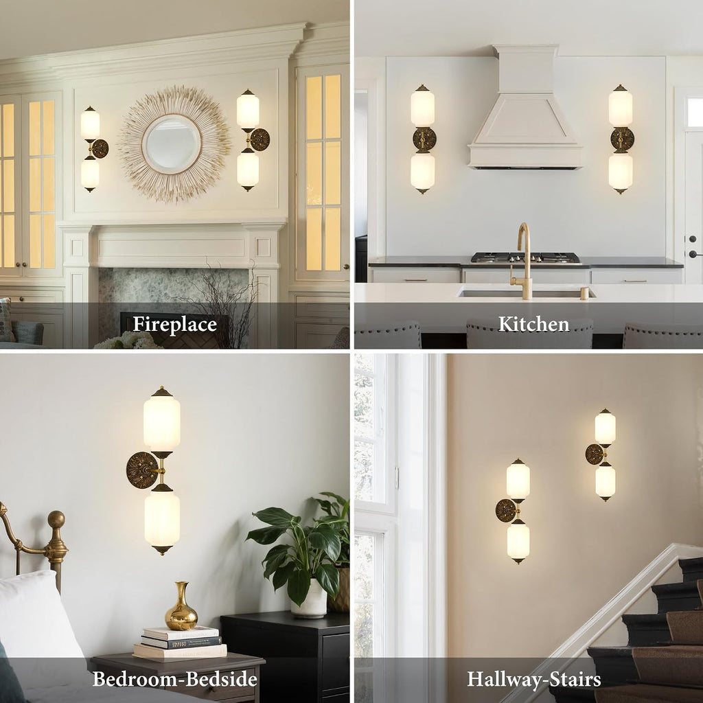 Vintage Milk Glass Bathroom Wall Sconce - 25' Mid Century Dimmable Vanity Light with Bulb - Vertical or Horizontal Mounted Sconces - Modern Brass Gold Lighting Fixture for Indoor Bedroom Hallway Decor