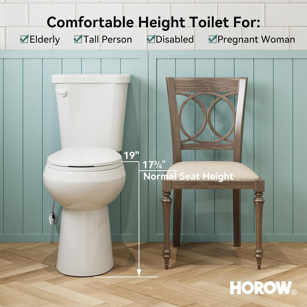 HOROW 19 Inch Tall Toilets, Extra High Toilets with Comfortable Chair Height Seat, 1.28 GPF Single Flush Two-Piece Toilet, 12' Rough In Round Bowl for Seniors, Pregnant, Disabled & Tall Person, White
