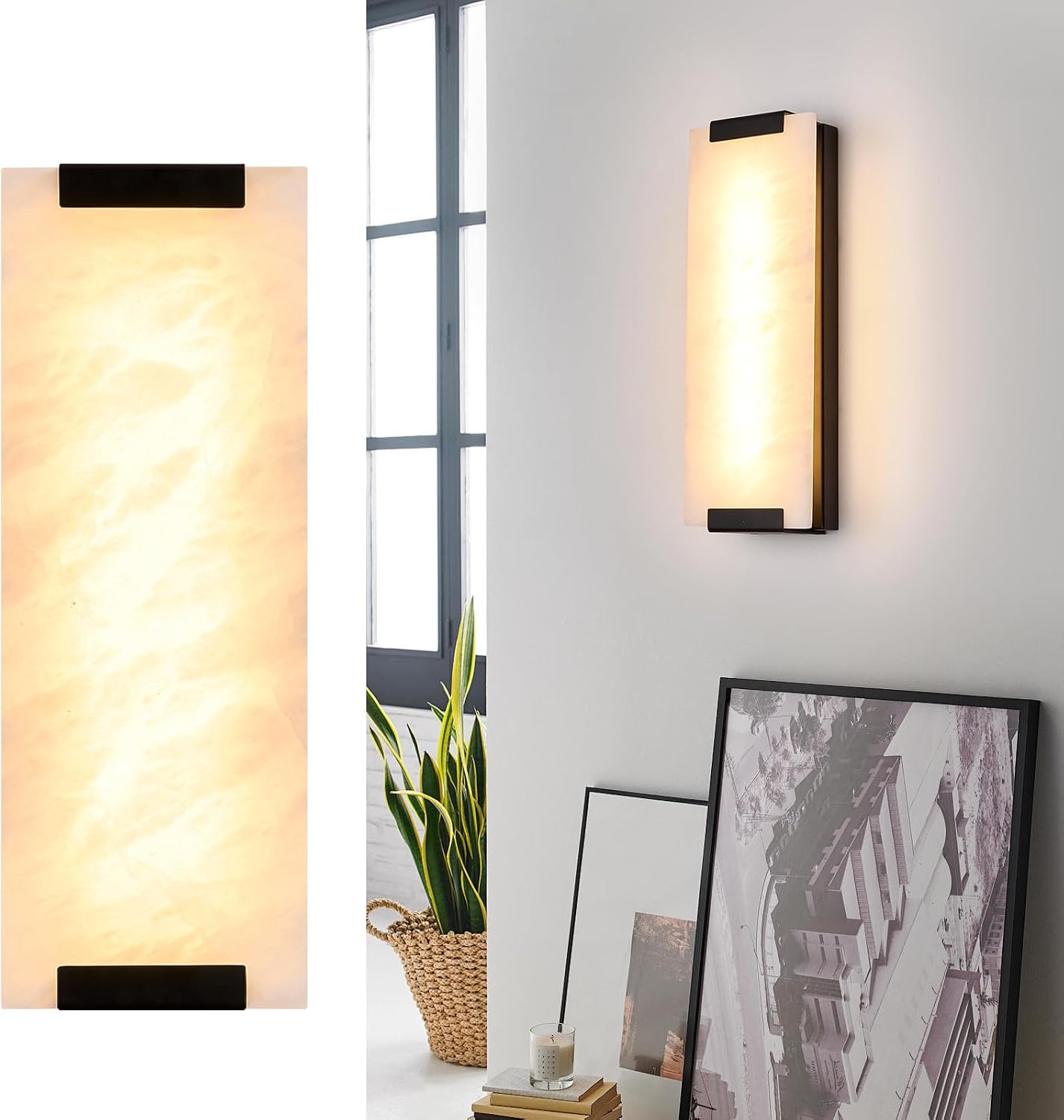 14.2in Alabaster Wall Sconces, Large Natural Marble Wall Sconces Set of Two, LED Modern Wall Lamp for Bedroom, Stairs, Living Room, Vanity, Bedside, Hallway （Black 12W）