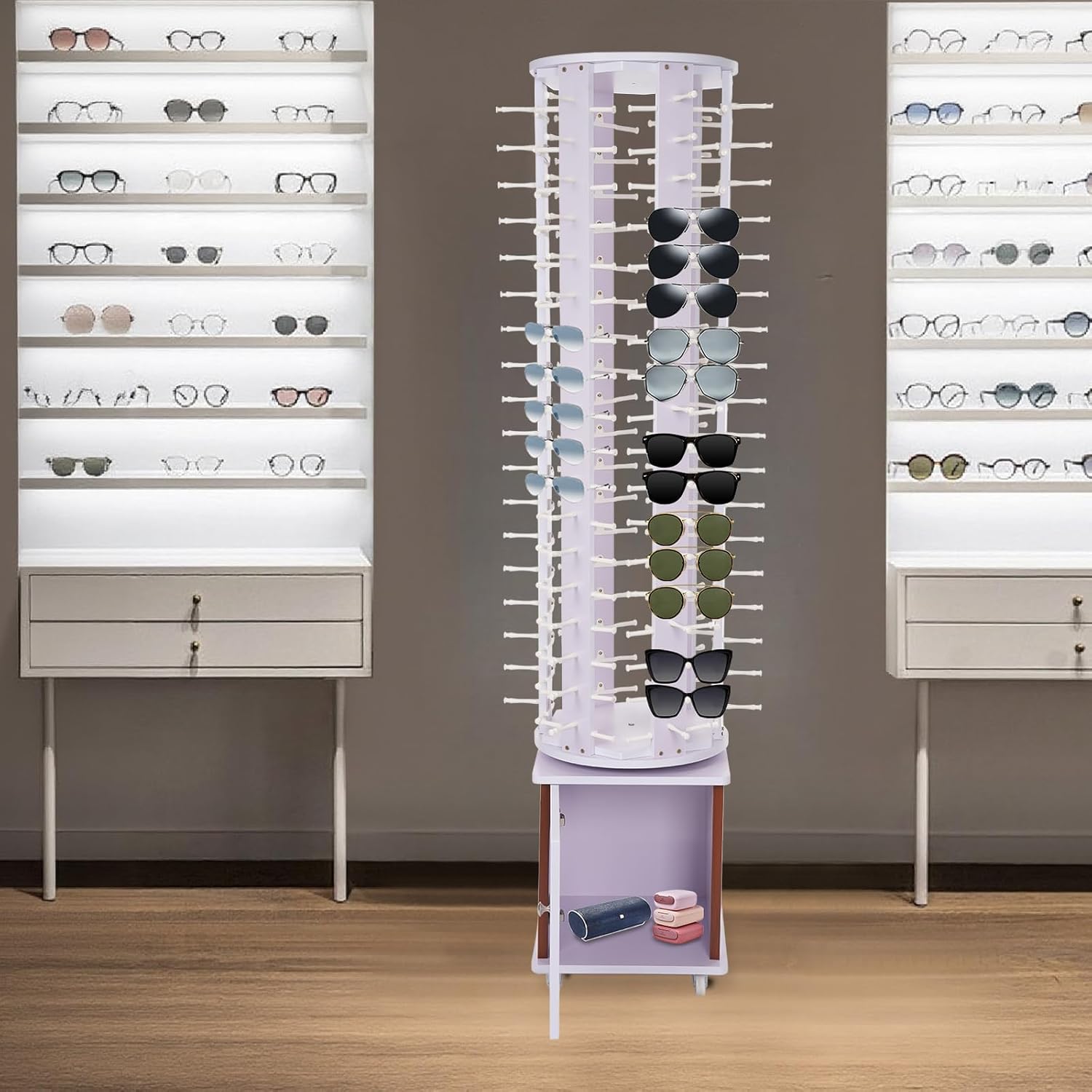 108 Pairs Glasses Sunglasses Display Stand, 360° Rotating Glasses Storage Display Rack with Cabinet, Floor Sunglasses Display Rack with Wheels, 66.14in Height with Wheels (Light Purple)
