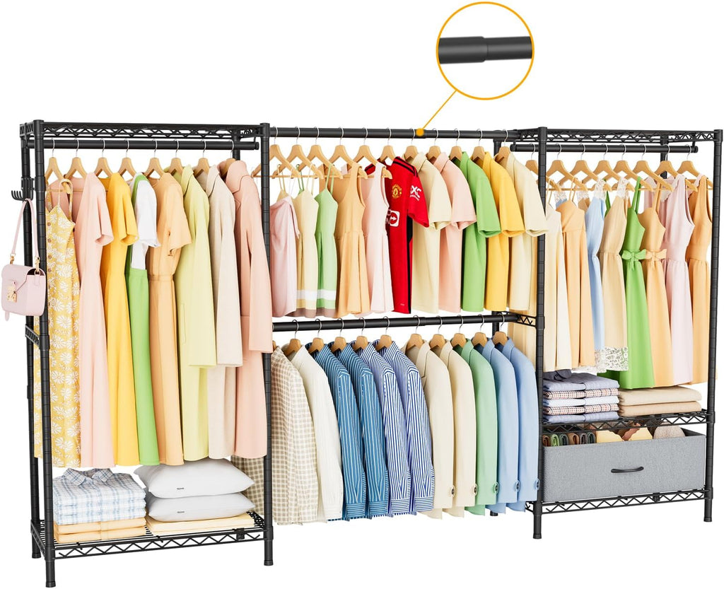 Golpart Coat Rack Clothes Wardrobe：Closet Organizer and Storage Clothing Garment Rack with Shelves Heavy Duty for Hanging Clothes Portable Adjustable Black 15.8' DX(70-88)' WX76.5 H