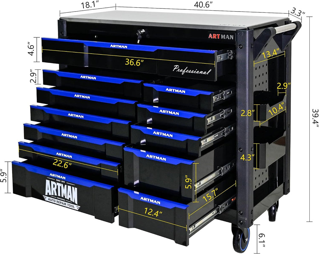 Large Tool Chest with Wheels, Rolling Toolbox with Drawers, Metal Storage Tool Cart with 41'' Stainless Steel Top and Side Handle for Garage, Shop (Bonus Drawer Liners) — Black/Blue