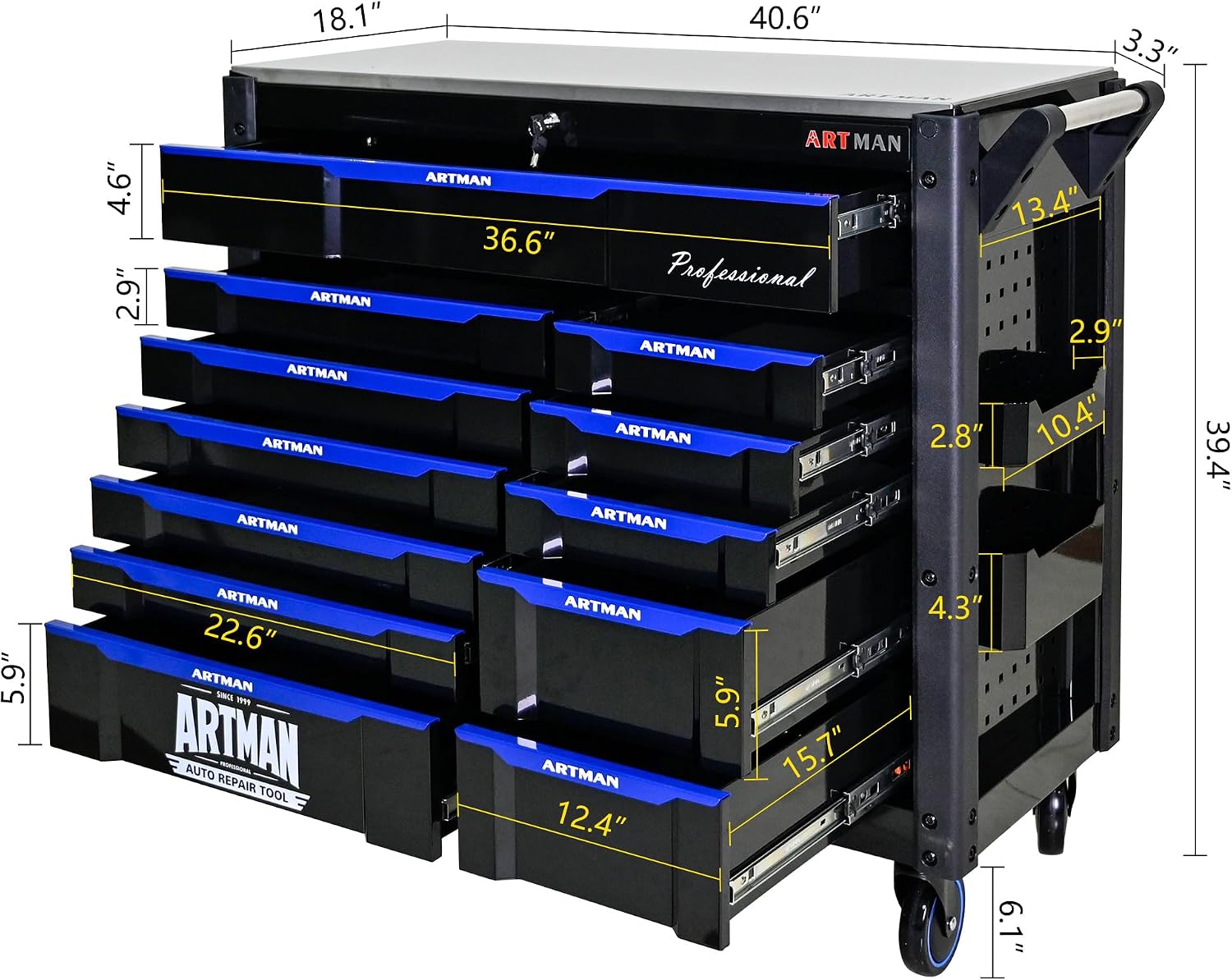 Large Tool Chest with Wheels, Rolling Toolbox with Drawers, Metal Storage Tool Cart with 41'' Stainless Steel Top and Side Handle for Garage, Shop (Bonus Drawer Liners) — Black/Blue