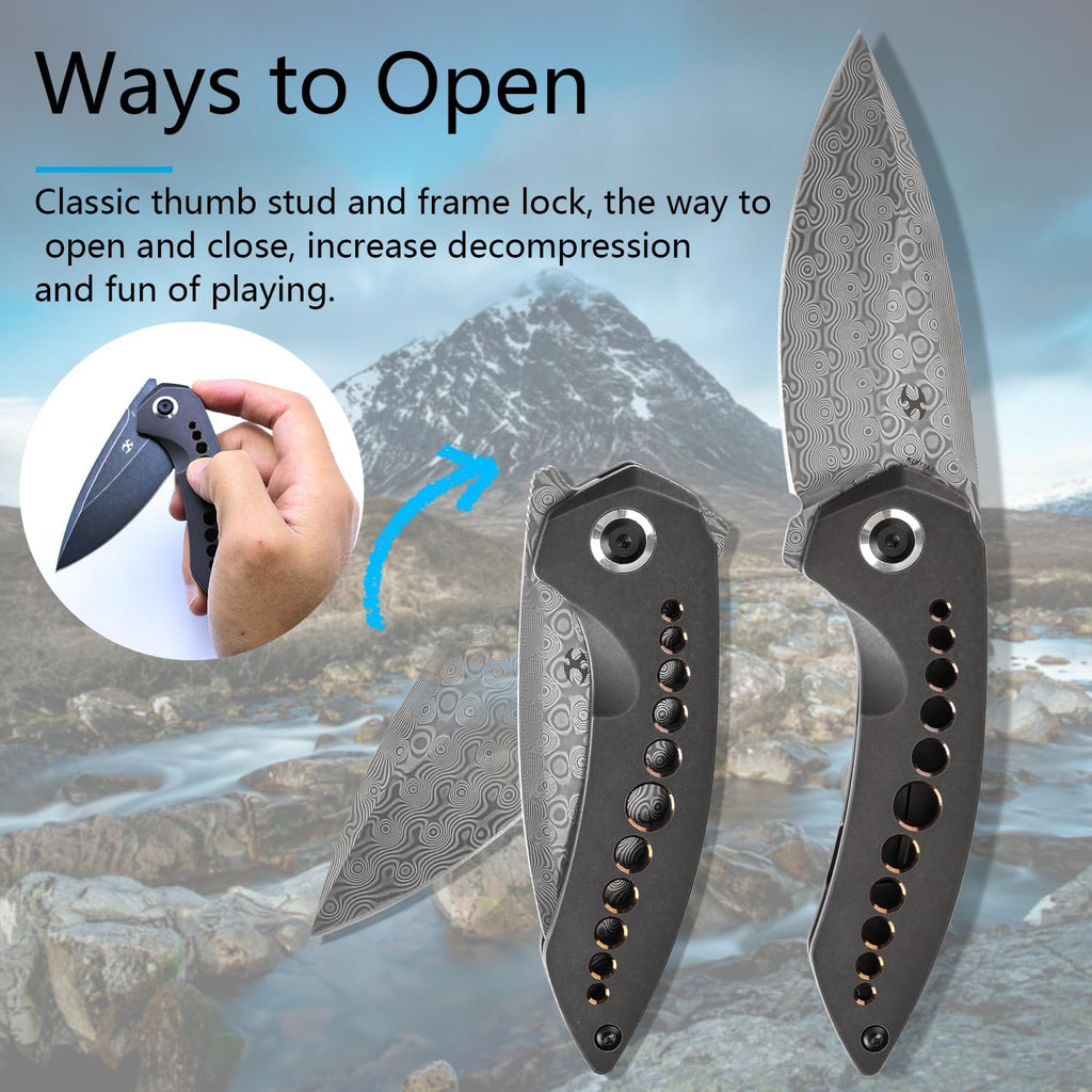 KANSEPT ODD 21 Pocket Folding Knives for Camping Hiking Folding Knife 3.06'' Damascus Blade EDC Knife with Blackwash Titanium with Bronze Anodized Handle for Men and Women Everyday Carry K1077A3