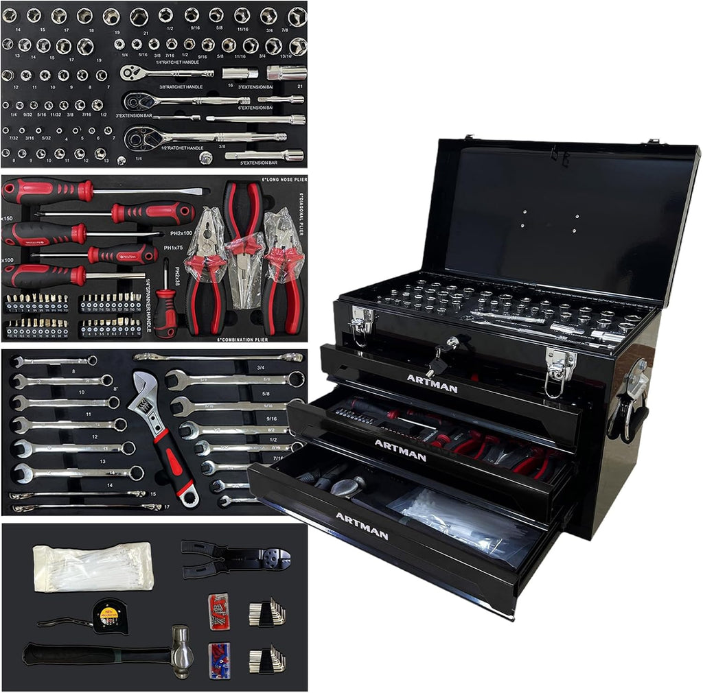 3 Drawer Tool Chest 439-Piece Mechanics Tool Set with Lock, Portable Household Tool Kit Heavy Duty Metal Tool Box for Garage, Warehouse,Workshop and Auto Repair (Black)