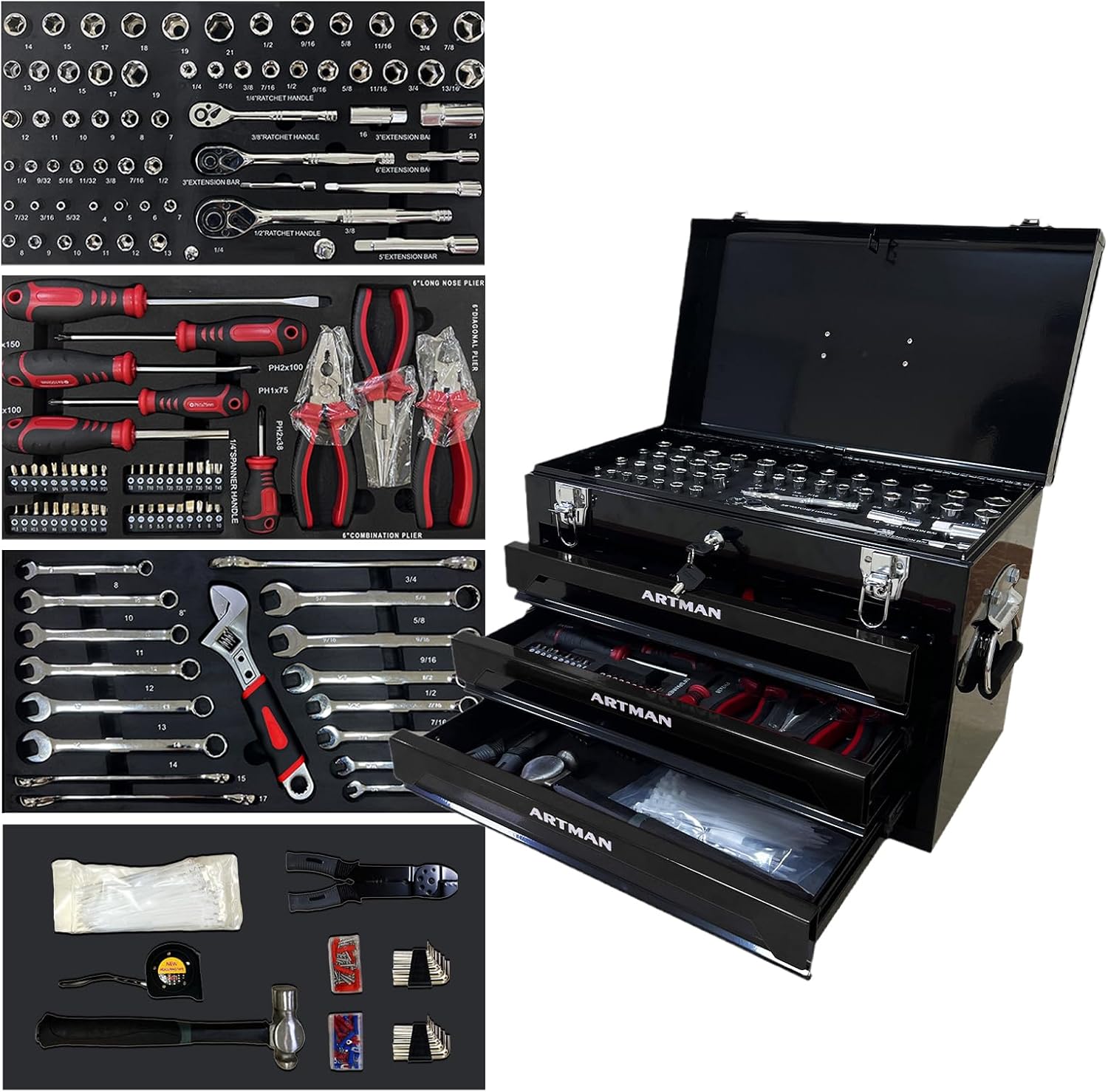 3 Drawer Tool Chest 439-Piece Mechanics Tool Set with Lock, Portable Household Tool Kit Heavy Duty Metal Tool Box for Garage, Warehouse,Workshop and Auto Repair (Black)