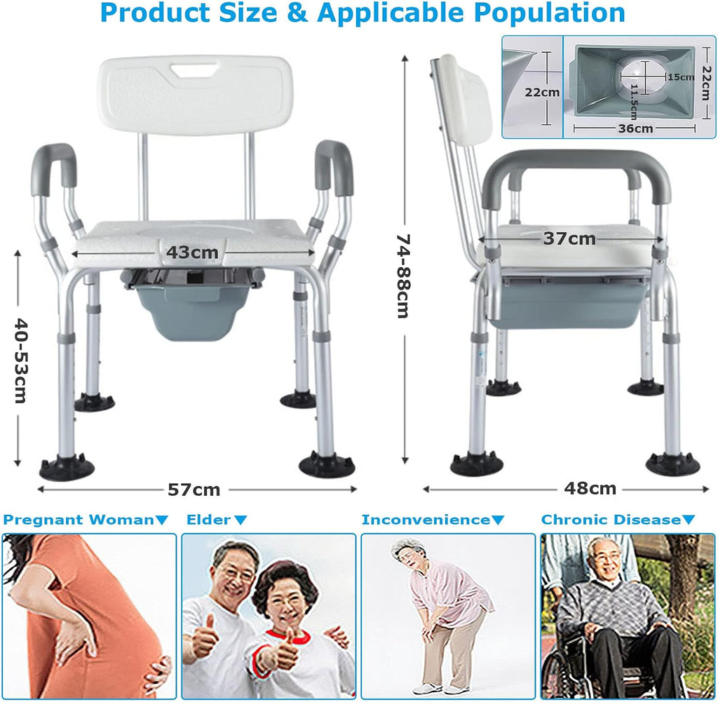 Bedside Commode Chair, Heavy-Duty Raised Toilet Seat with Flip-up Handles and 6-Gears Height Adjustable, Portable Bathroom Potty Chair for Adults