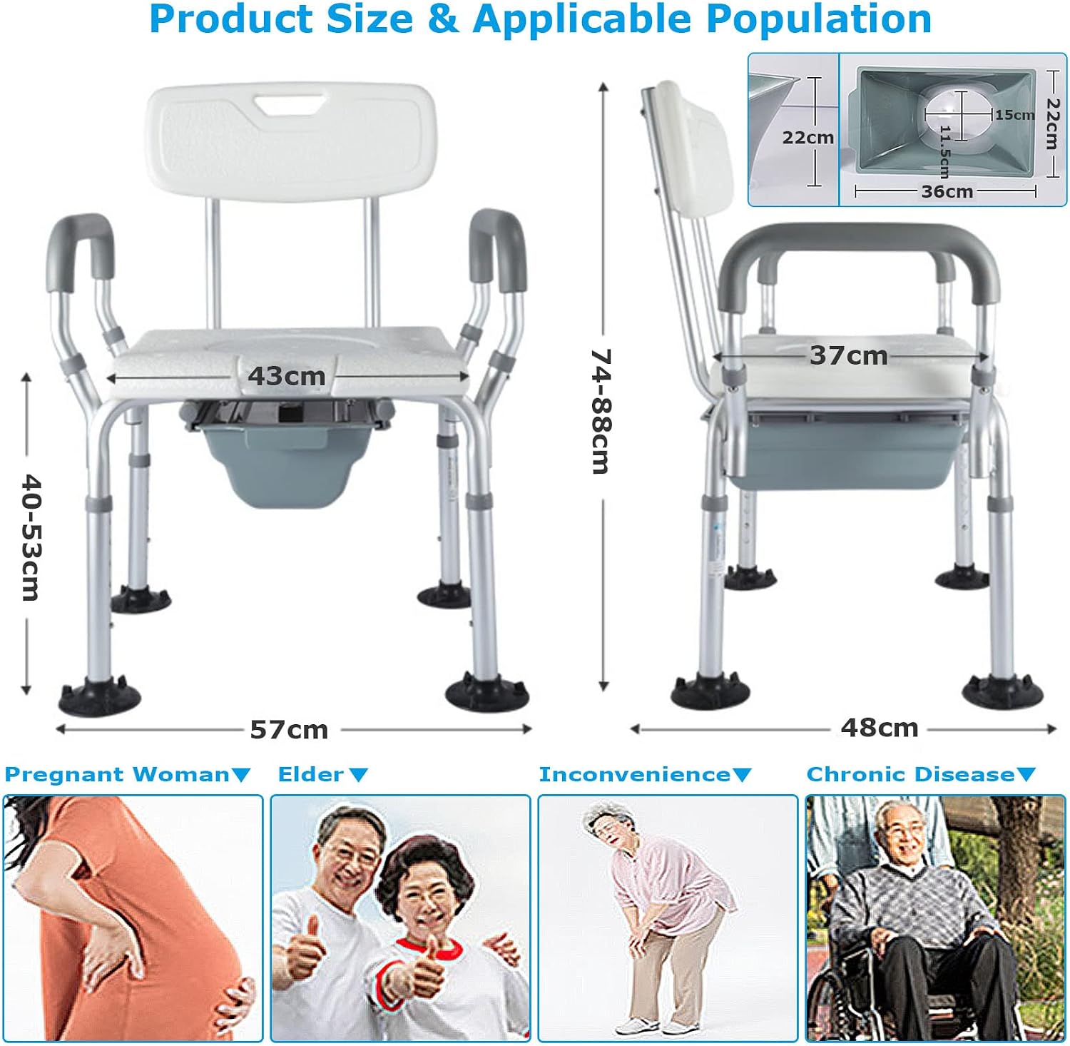 Bedside Commode Chair, Heavy-Duty Raised Toilet Seat with Flip-up Handles and 6-Gears Height Adjustable, Portable Bathroom Potty Chair for Adults