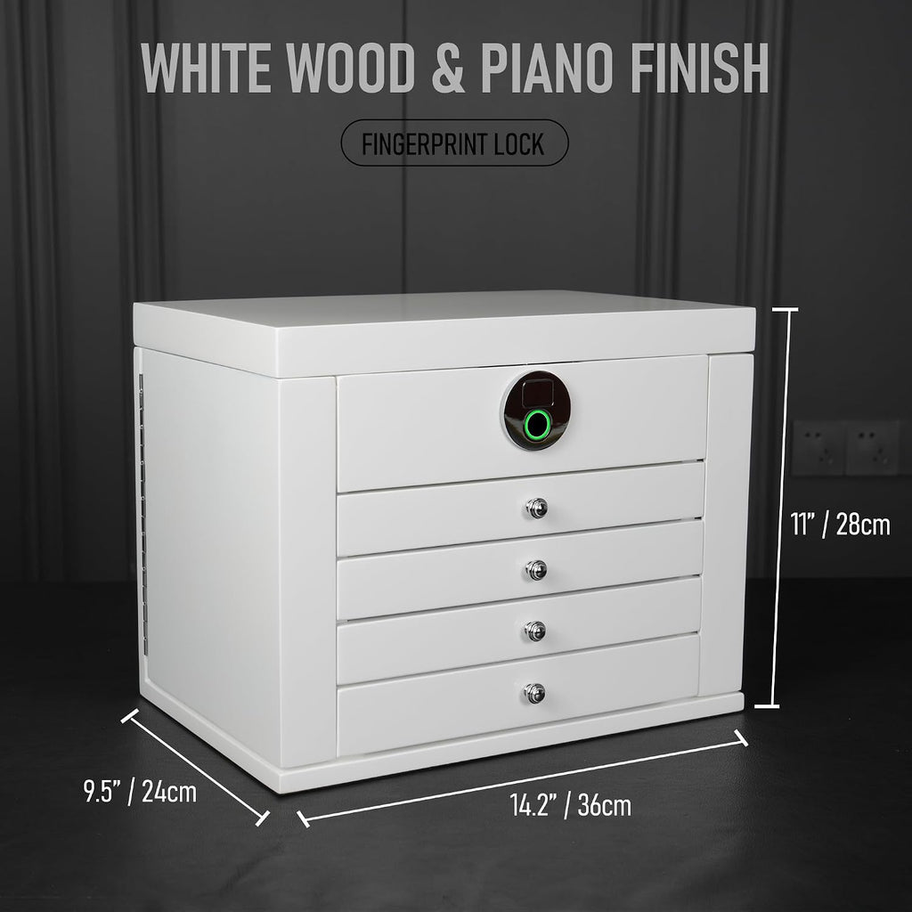White Wood Jewelry Box, Large Size, Fingerprint Unlock, Seven Level Jewelry Organizer with Necklace Hanger and Mirror, High Gloss Lacquer Finish (5L-WT)
