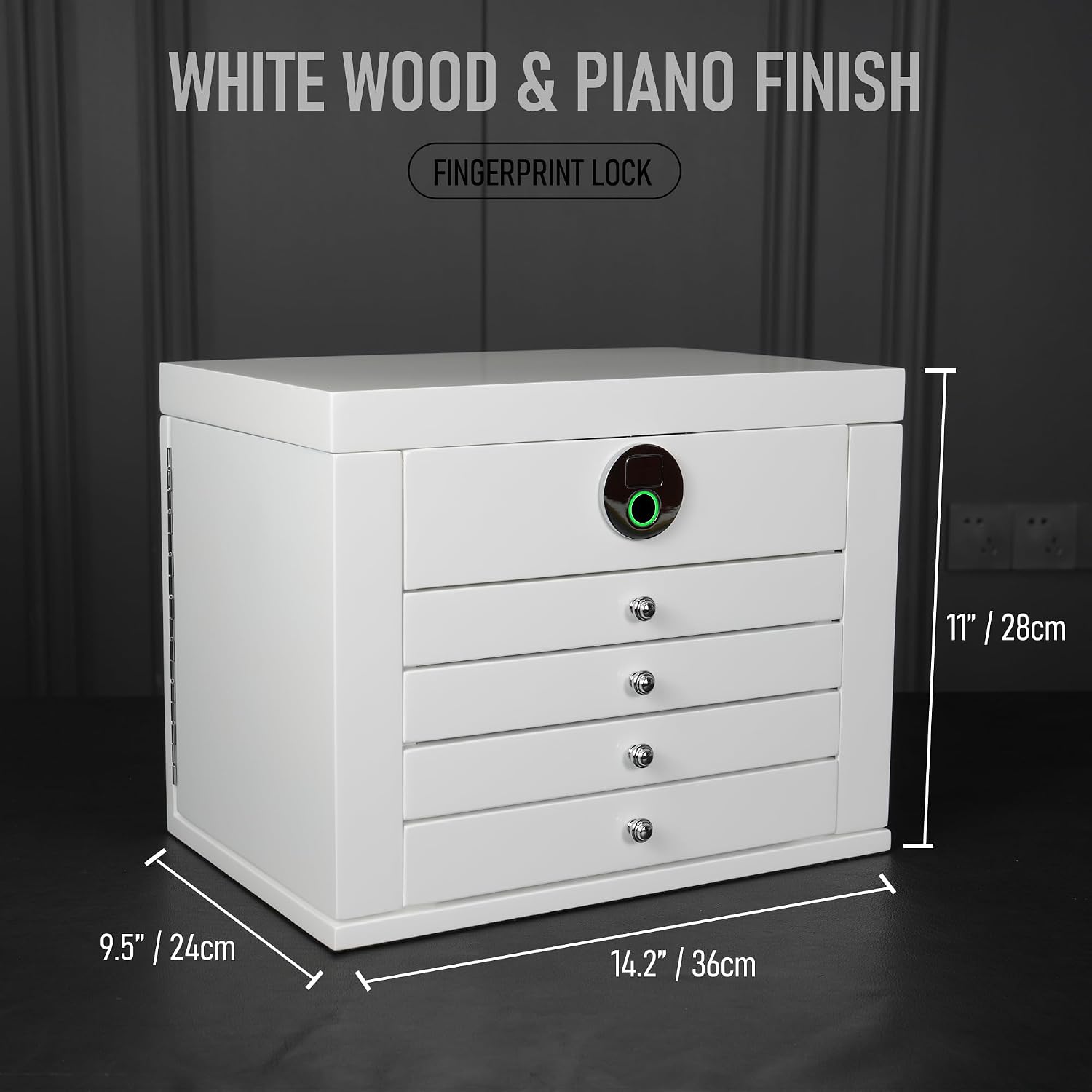 White Wood Jewelry Box, Large Size, Fingerprint Unlock, Seven Level Jewelry Organizer with Necklace Hanger and Mirror, High Gloss Lacquer Finish (5L-WT)