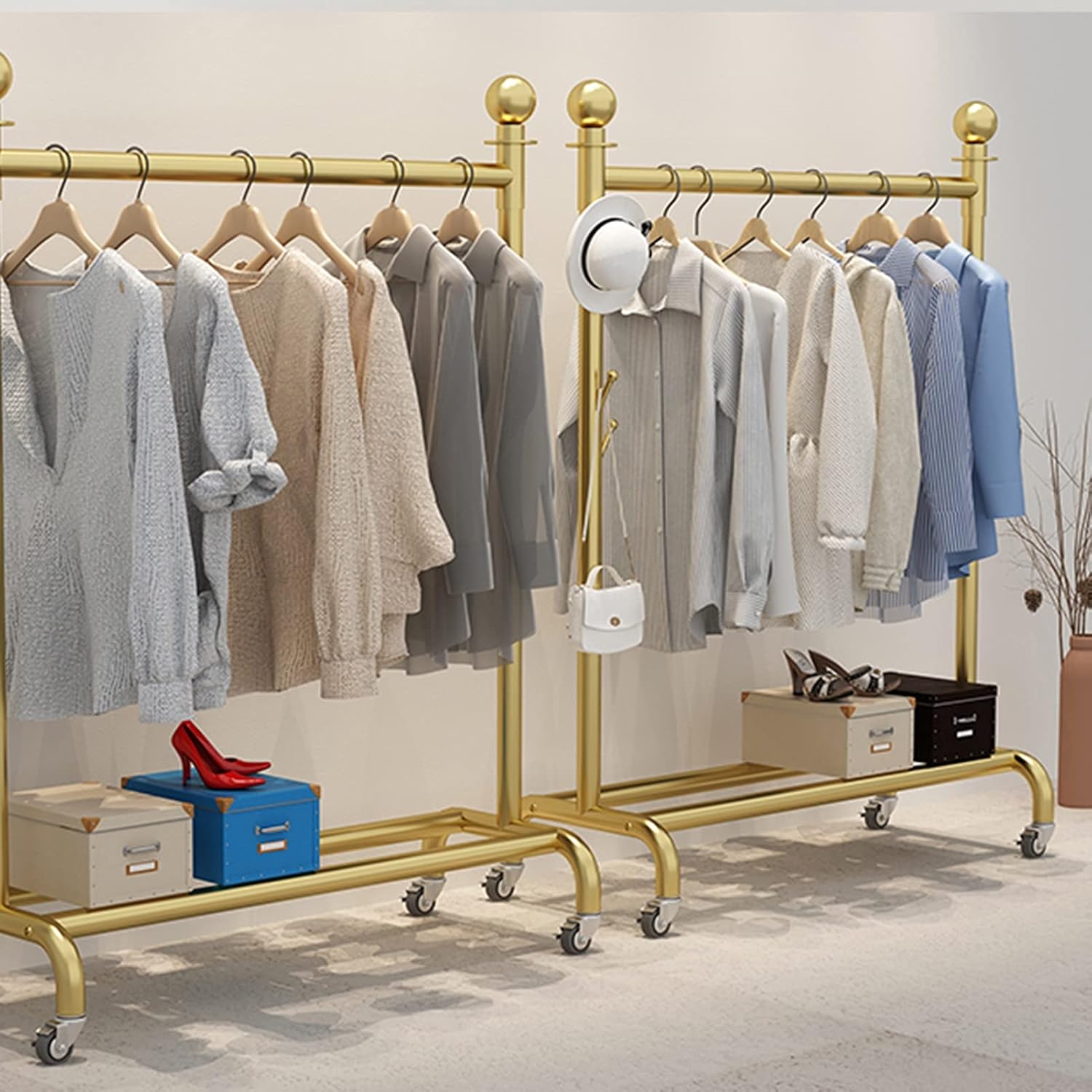 Gold Rolling Garment Rack with Shelf & Wheels - 80x40x155CM Portable Clothes Rail for Bedroom, Living Room & Retail Display - Stylish Clothing Organizer & Storage Solution