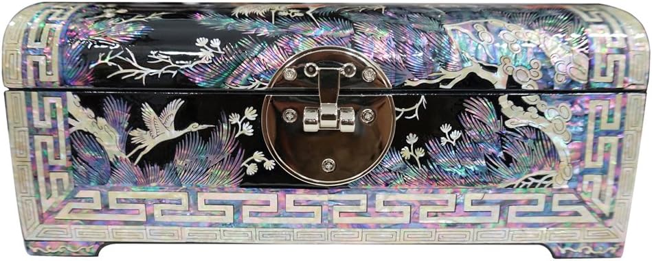 Mother of Pearl Asian Black Lacquer Wood Jewelry Trinket Keepsake Treasure Box Ring Case Chest Organizer