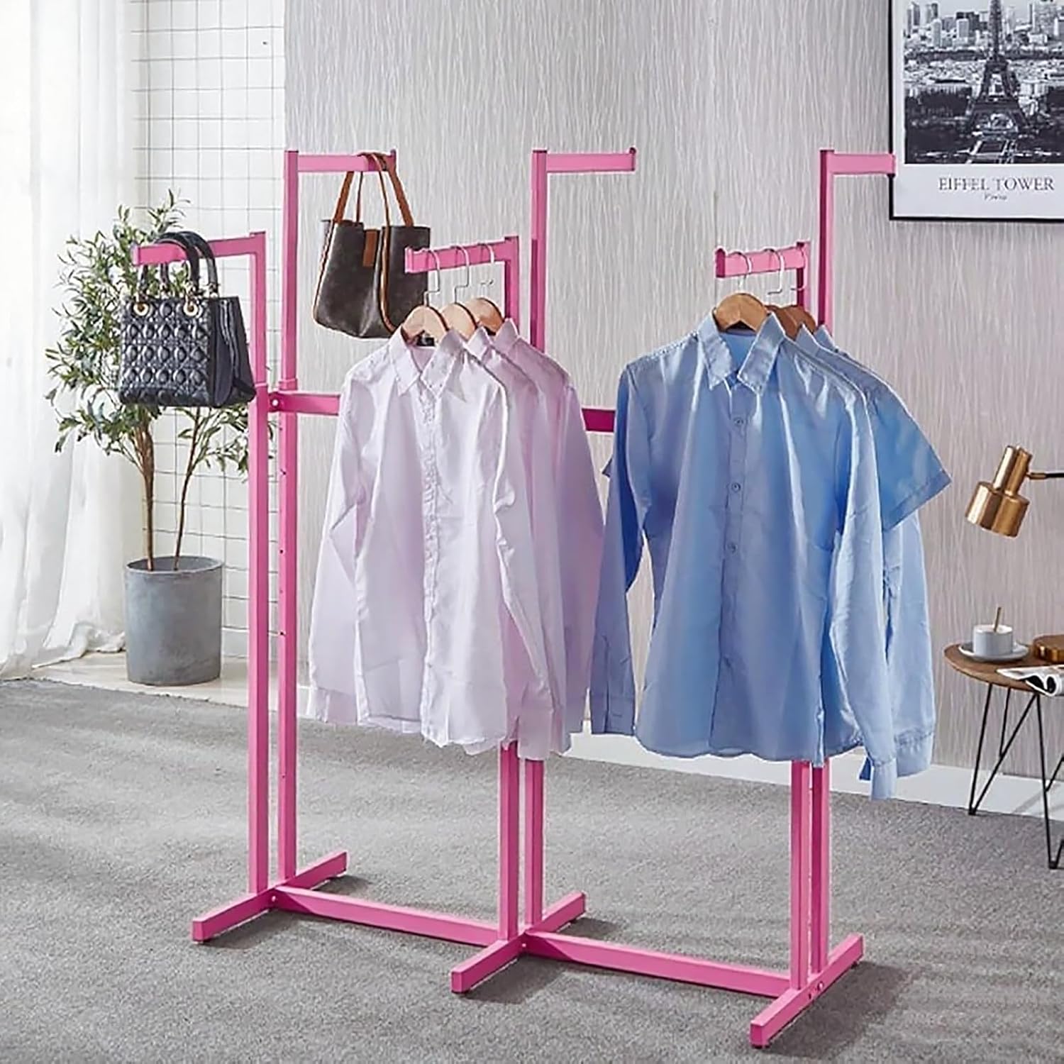 Floor Standing Metal Garment Rack - Heavy Retail Display Racks With Wheels, 6 Arms Clothing Rack, Square Tubing Portable Shirt Rack, Merchandise Display RackFor Hanging Clothes (Pink)