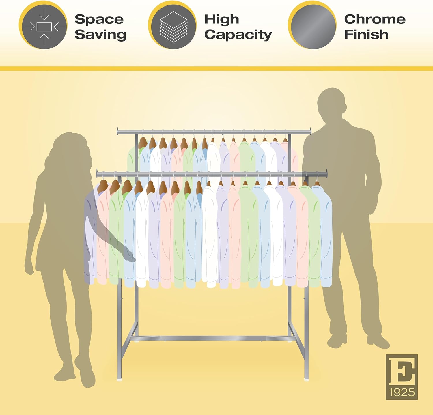 Econoco Double Bar Clothing Rack – Adjustable Garment Display with Rectangular Hangrail, 60' x 22' x 70', Chrome