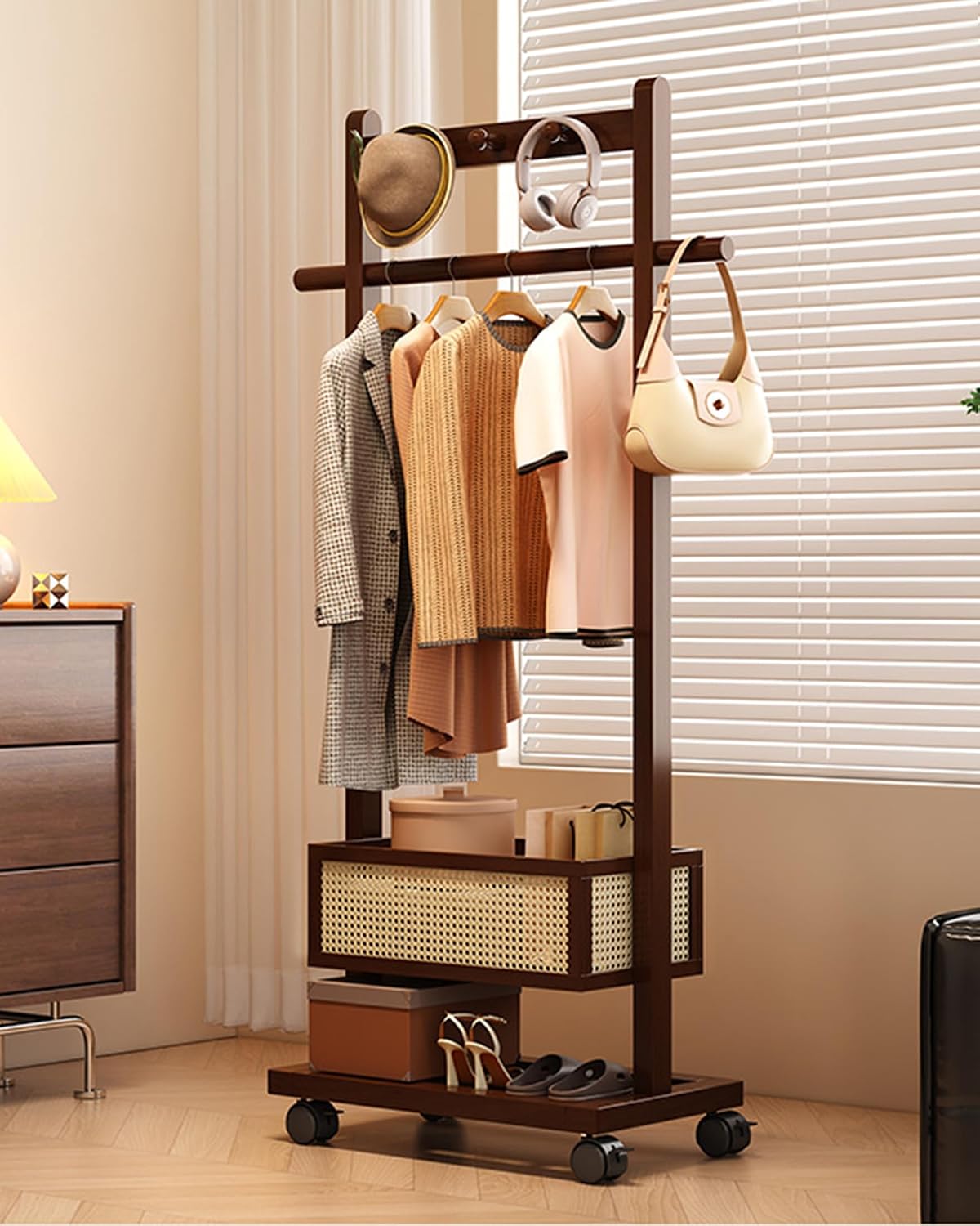 Garment Rack With Storage Basket Bamboo Clothing Rack for Hanging Clothes Rolling Clothes Rack for Small Spaces Standing Coat Rack for Bedroom Living Room (25.6' W x 12.6' D x 68.1' H)