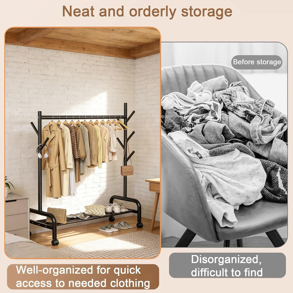 Heavy-Duty Clothes Rack,Rolling Garment Racks With Wheels,Hanging Storage Racks,Freestanding Metal Coat Organizer With Branch Hooks & Bottom Shelf,for Bedroom/Living Room(White,80cm(31.5in))