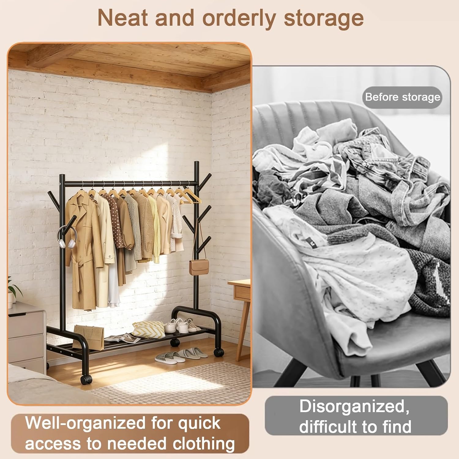 Heavy-Duty Clothes Rack,Rolling Garment Racks With Wheels,Hanging Storage Racks,Freestanding Metal Coat Organizer With Branch Hooks & Bottom Shelf,for Bedroom/Living Room(White,80cm(31.5in))