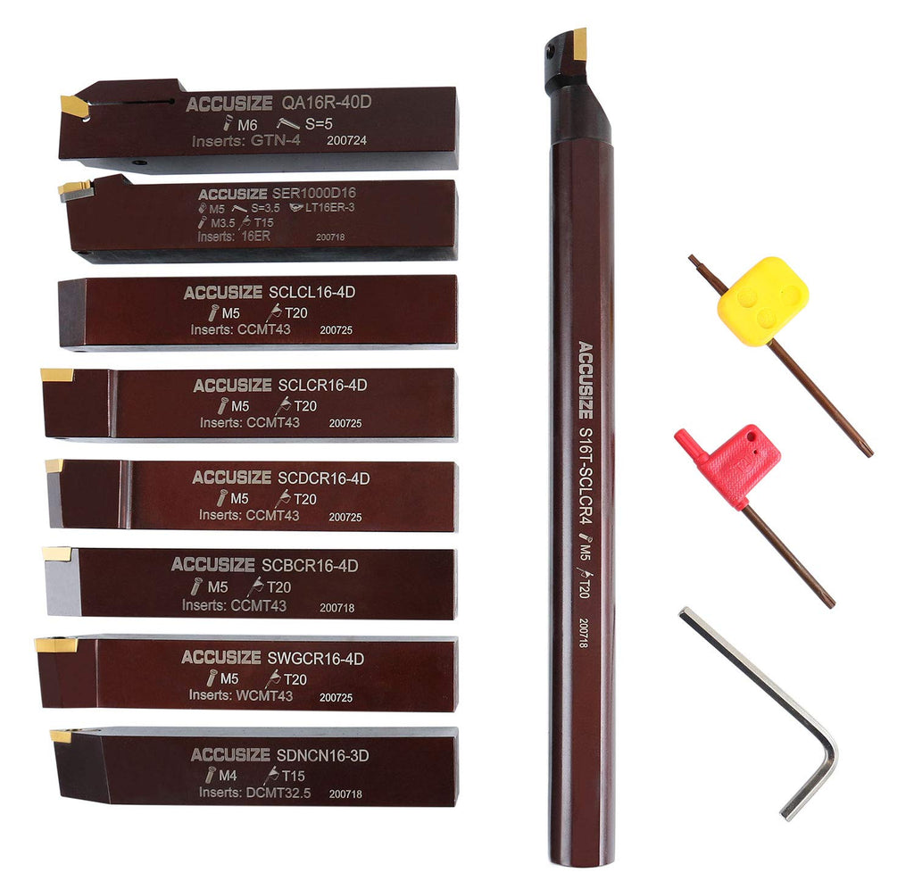 Accusize Industrial Tools 1' 9 Pieces/Set, Indexable Carbide Turning Tools and Boring Bar, 2988-0001 | TiN-Coated C6 Carbide Inserts for Steel, 9-Piece Indexable Turning and Boring Set