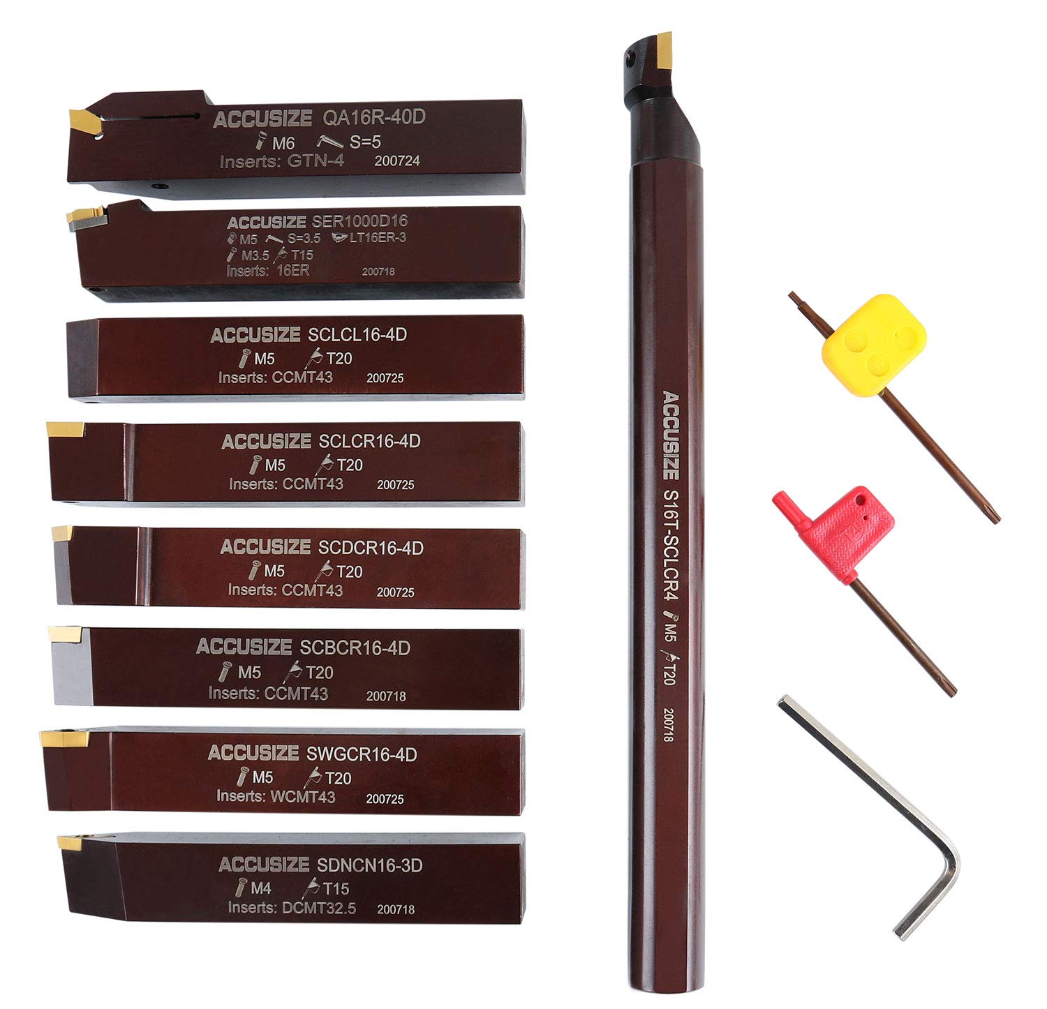 Accusize Industrial Tools 1' 9 Pieces/Set, Indexable Carbide Turning Tools and Boring Bar, 2988-0001 | TiN-Coated C6 Carbide Inserts for Steel, 9-Piece Indexable Turning and Boring Set