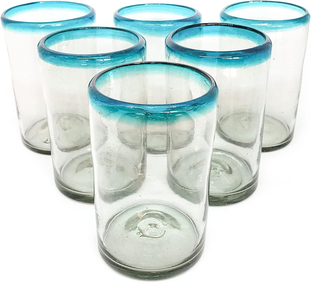 Aqua Blue Rim 120 oz Pitcher and 6 Drinking Glasses set, Recycled Glass, Lead-free, Toxin-Free (Pitcher & Glasses)