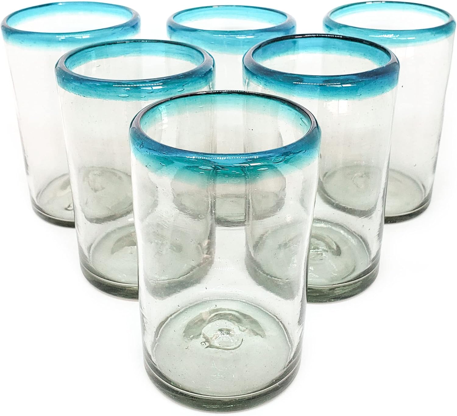 Aqua Blue Rim 120 oz Pitcher and 6 Drinking Glasses set, Recycled Glass, Lead-free, Toxin-Free (Pitcher & Glasses)
