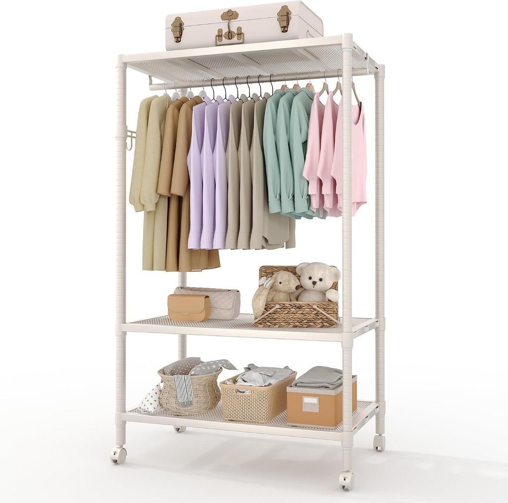Heavy Duty Rolling Clothes Rack with Wheels, Clothing Racks with Adjustable Shelves & Side Hooks for Hanging Clothes, Freestanding Storage Closet Clothing Rack for Bedroom Laundry Room, Beige