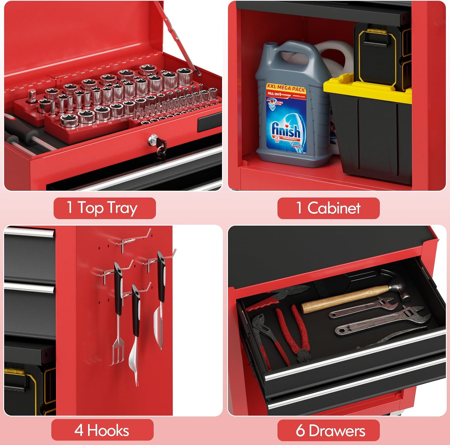 ERGOMASTER Tool Cabinet Chest Include 4-Drawers Removable Top Box + 2-Drawer & Caibinet Capacity Tool Storage with Wheels and Locking System - BlackRed 6-Drawers, TOOLBOX-2023
