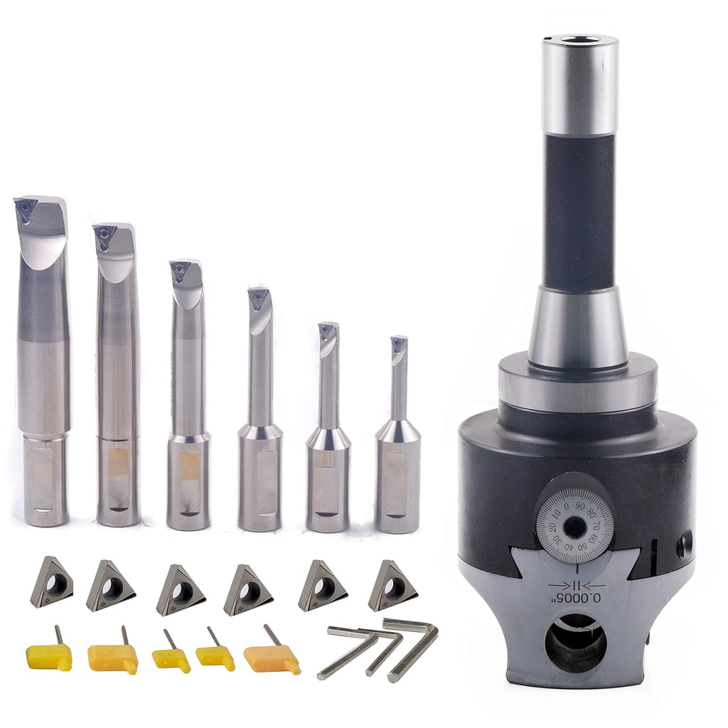R8 Boring Head 2Inch and 1/2 Shank Boring Bar 6pcs Set (Inserts Included) 1/2' - 4'