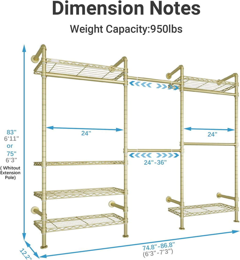 Timate F3 Garment Rack Heavy Duty Clothes Rack for Hanging Clothes, Expandable Industrial Pipe Wall Mounted Clothing Rack, Adjustable Storage Wardrobe Closets Kit Walk in Closet Systems, Gold