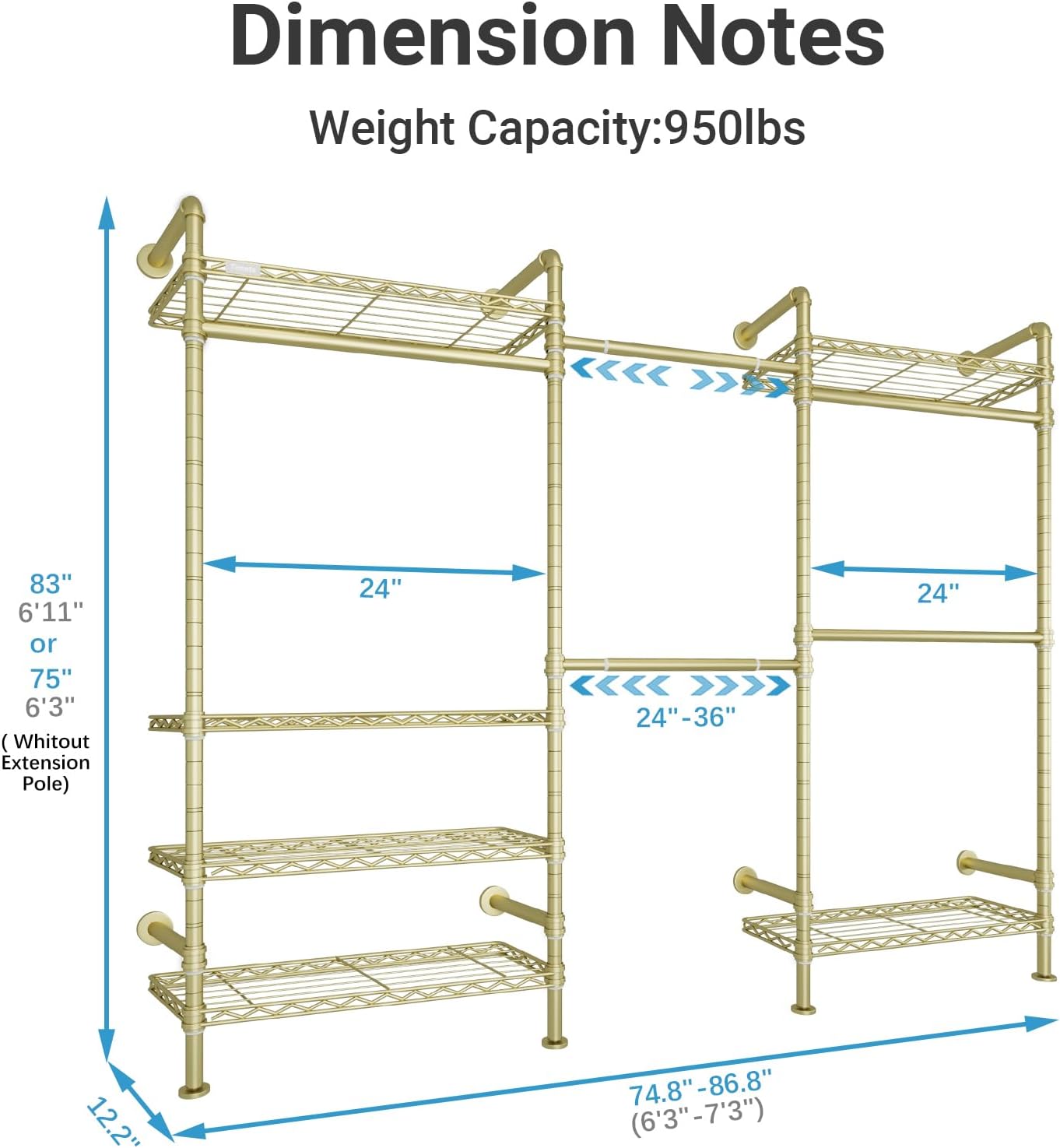 Timate F3 Garment Rack Heavy Duty Clothes Rack for Hanging Clothes, Expandable Industrial Pipe Wall Mounted Clothing Rack, Adjustable Storage Wardrobe Closets Kit Walk in Closet Systems, Gold