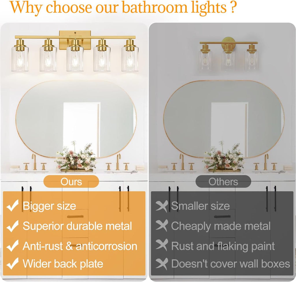 Indoi 5-Light Bathroom Vanity Light with Clear Glass Shades, Brushed Gold Bathroom Light Fixtures Over Mirror, Modern Vanity Light for Mirror Living Room Cabinet Bedroom Porch