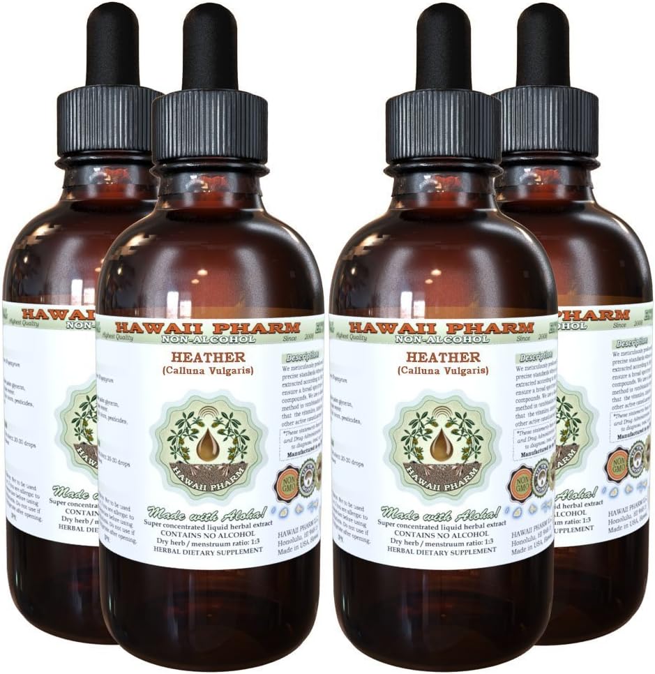 Hawaii Pharm Heather Alcohol-Free Liquid Extract, Heather (Calluna Vulgaris) Dried Leaf and Flower Glycerite Natural Herbal Supplement 4x4 oz