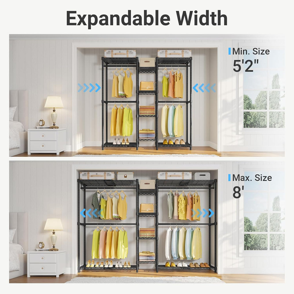 VIPEK X3 Expandable Heavy Duty Clothes Rack Adjustable from 5'2' to 8' with Adjustable Shelves and Hanger Rods, Large Freestanding Clothing Racks Reach-in & Walk-in Closet, Max Load 1210LBS, Black