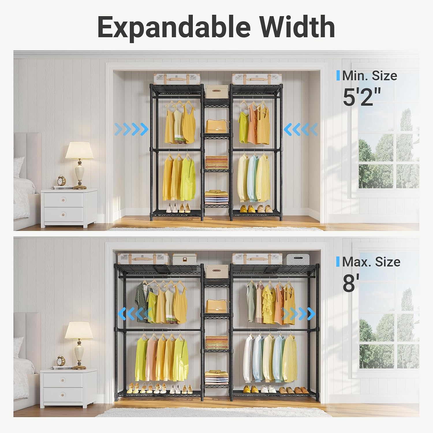VIPEK X3 Expandable Heavy Duty Clothes Rack Adjustable from 5'2' to 8' with Adjustable Shelves and Hanger Rods, Large Freestanding Clothing Racks Reach-in & Walk-in Closet, Max Load 1210LBS, Black