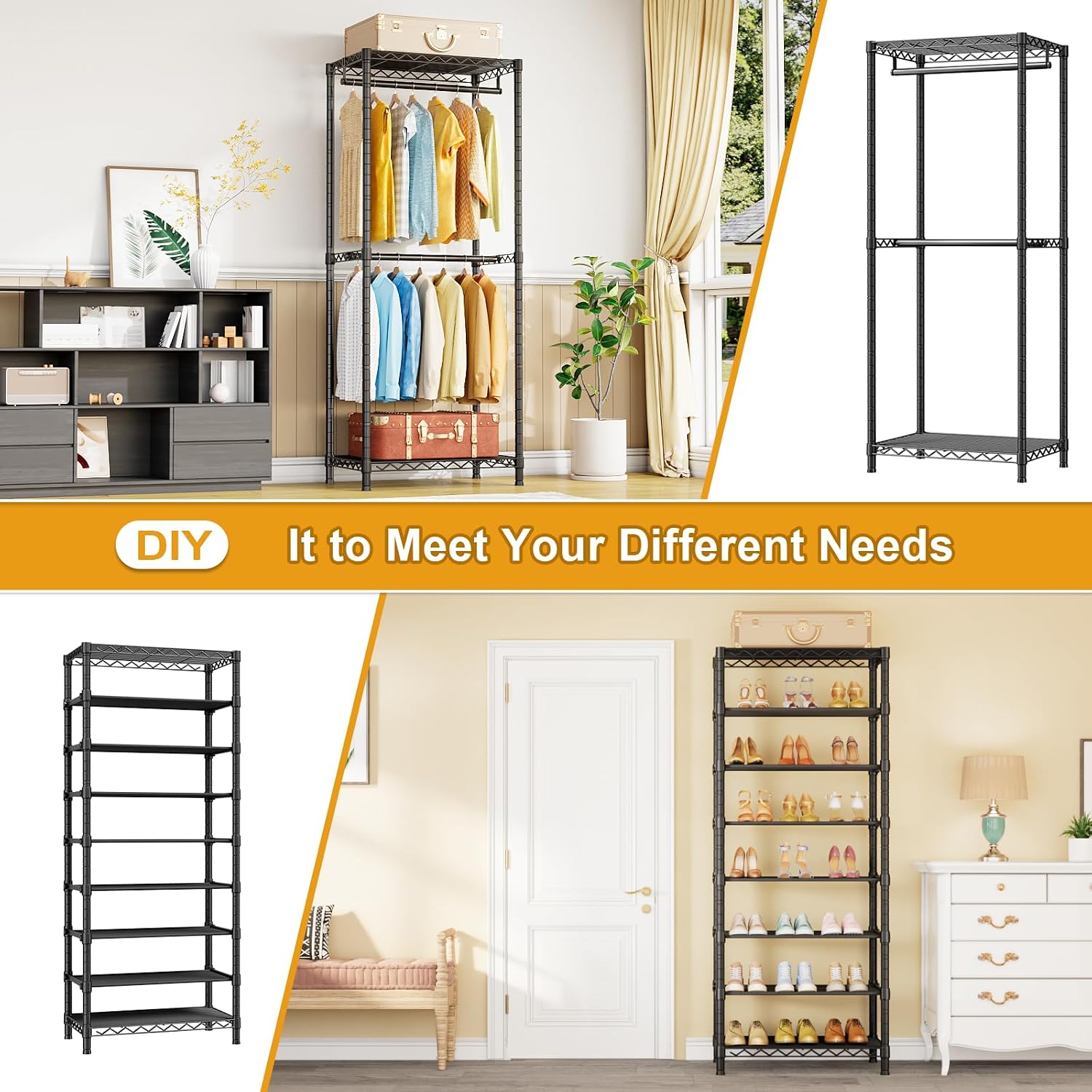ULIFHOME E16 Heavy Duty Clothing Rack（with 7-Tier Adjustable Shoe Rack） Freestanding Clothes Rack for Hanging Clothes，Metal Closet Storage Organizer Large Wardrobe，69'' W x 15.8'' D x 76.2'' H，Black