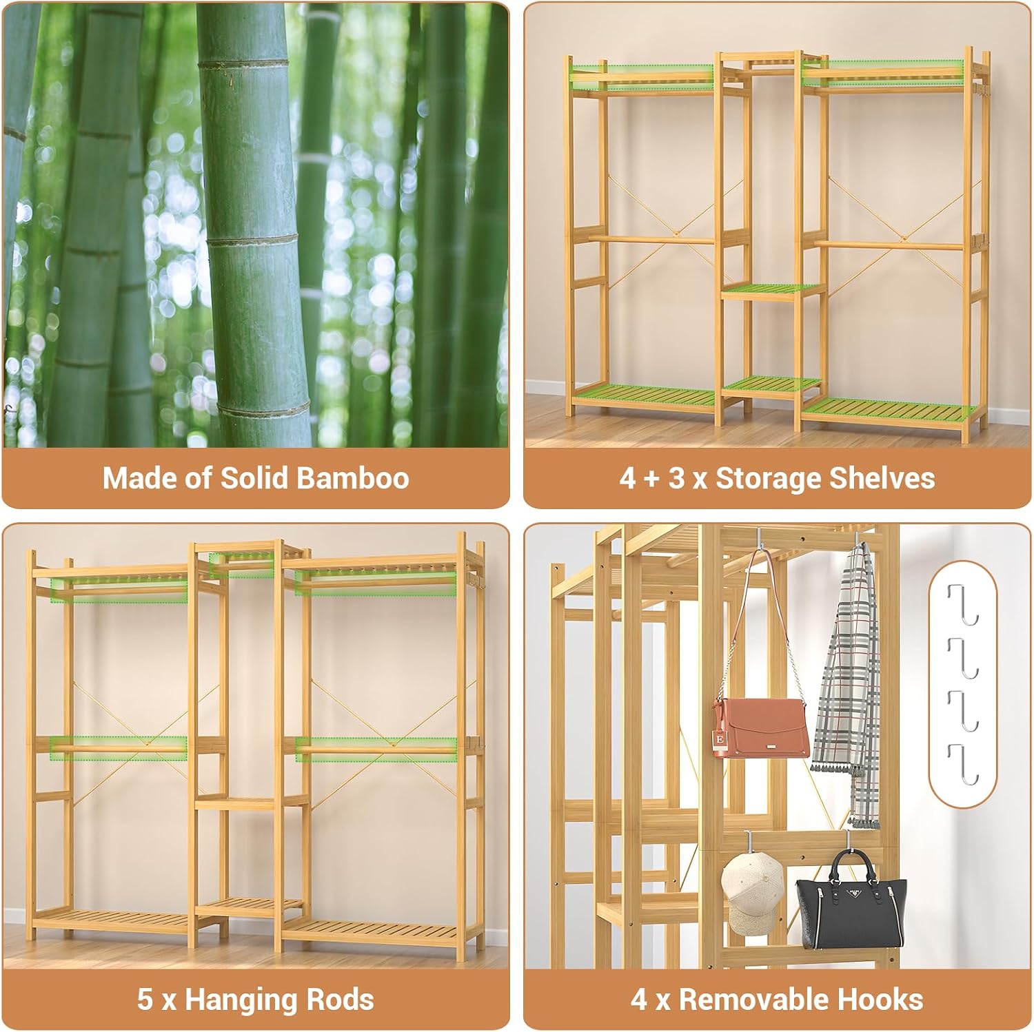 Homykic Bamboo Closet System, Large Clothing Rack for Hanging Clothes, Freestanding Clothes Rack with 7 Shelves & 5 Hanging Rods, Open Wardrobe Closet Organizer Garment Rack with 4 Hooks