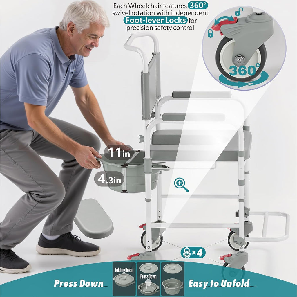 Bedside Commode with Wheels, Shower Wheelchair with 300 LBS Weight Capacity, Portable Toilet with Bucket for Elderly and Disabled