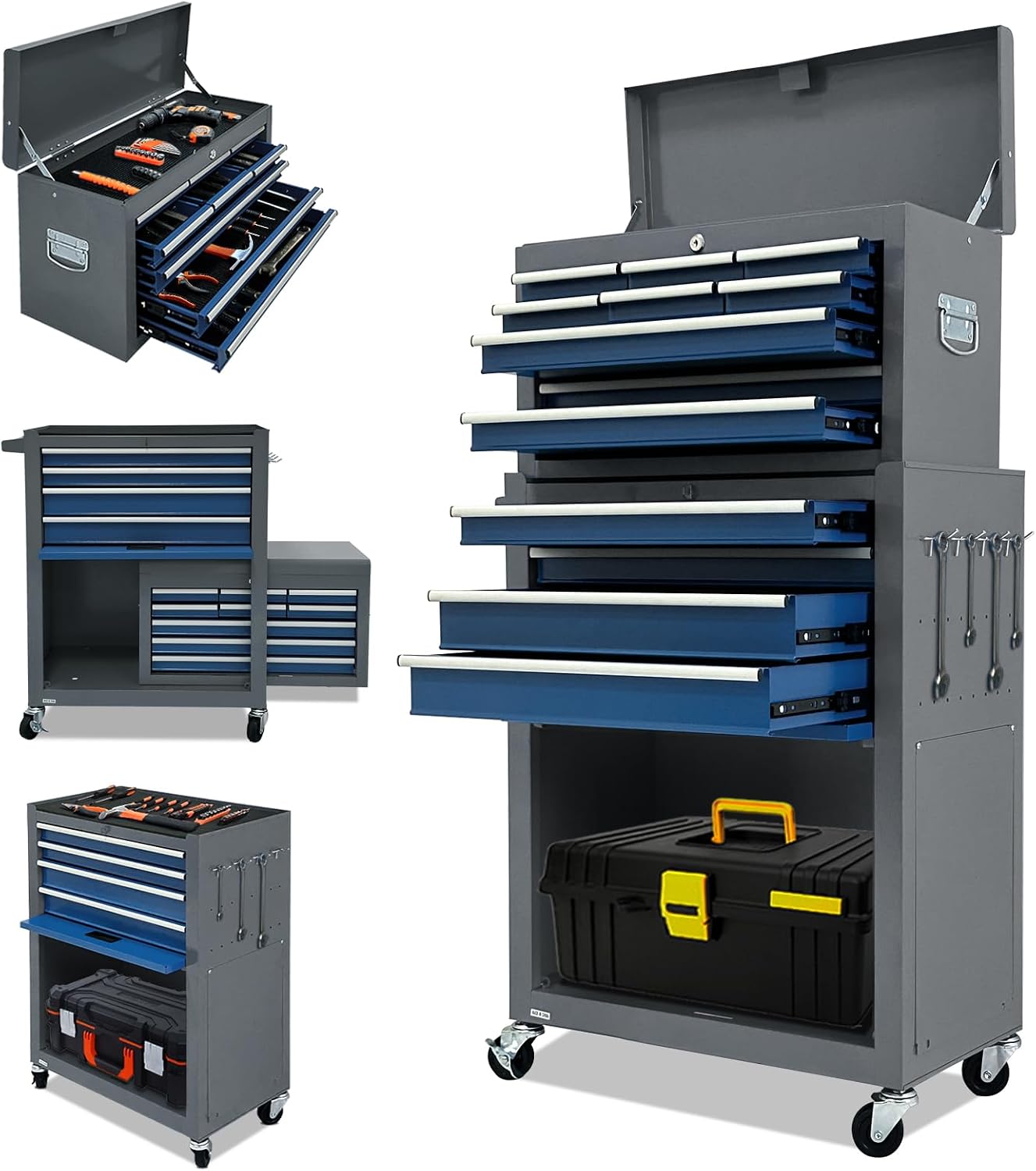 13-Drawer Rolling Tool Chest, 2-in-1 Heavy Duty Detachable Storage Cabinet with Lockable Wheels & Removable Top Box, 600 lbs Capacity for Mechanics, Garage Workshop (Blue＆Grey)