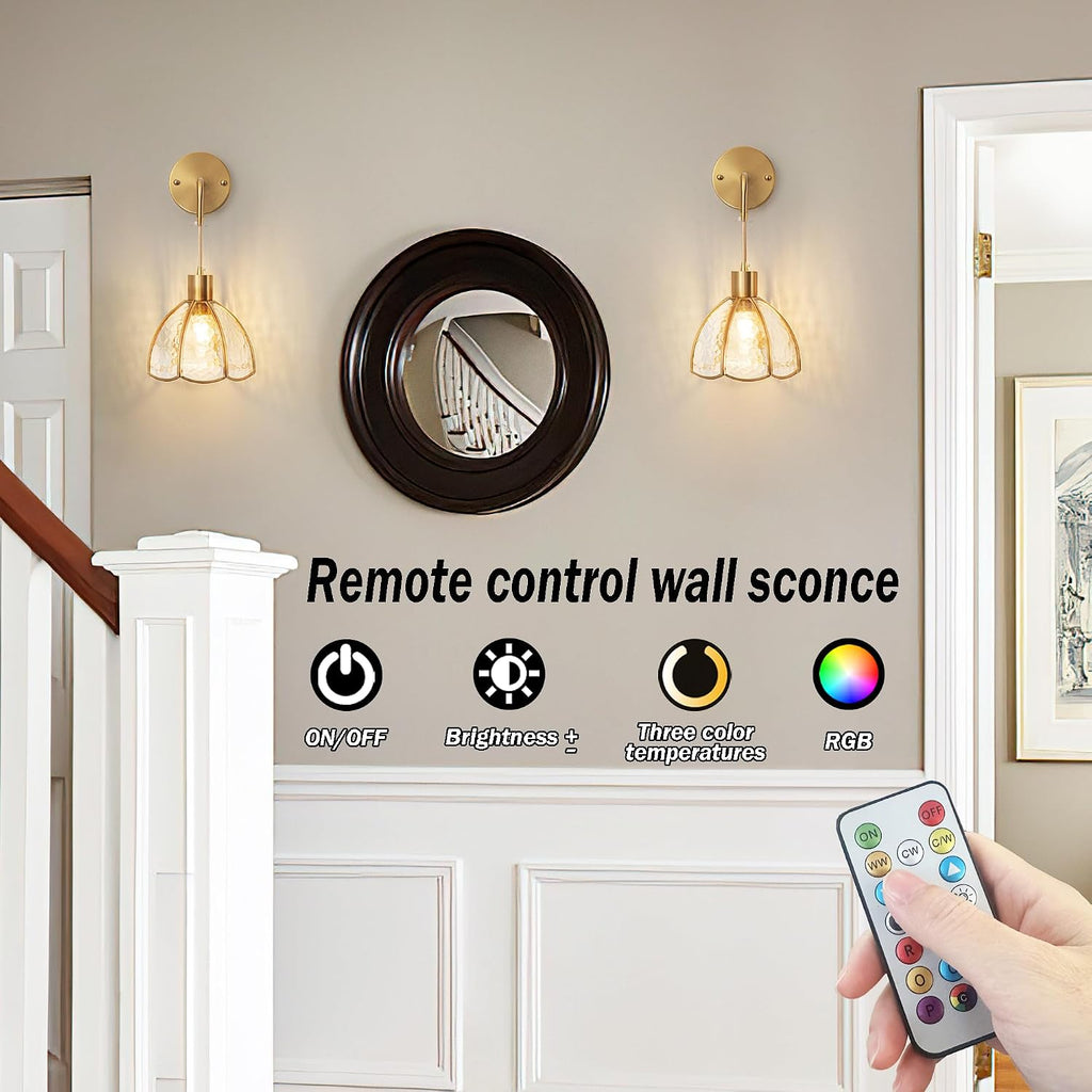 Battery Operated Wall Sconces Set Of Two, Indoor Not Hardwired Battery Wall Light With Remote Control, RGB Color Changing Dimmable Battery Powered Wall Lamp For Bedroom, Easy To Install, Bulb Included