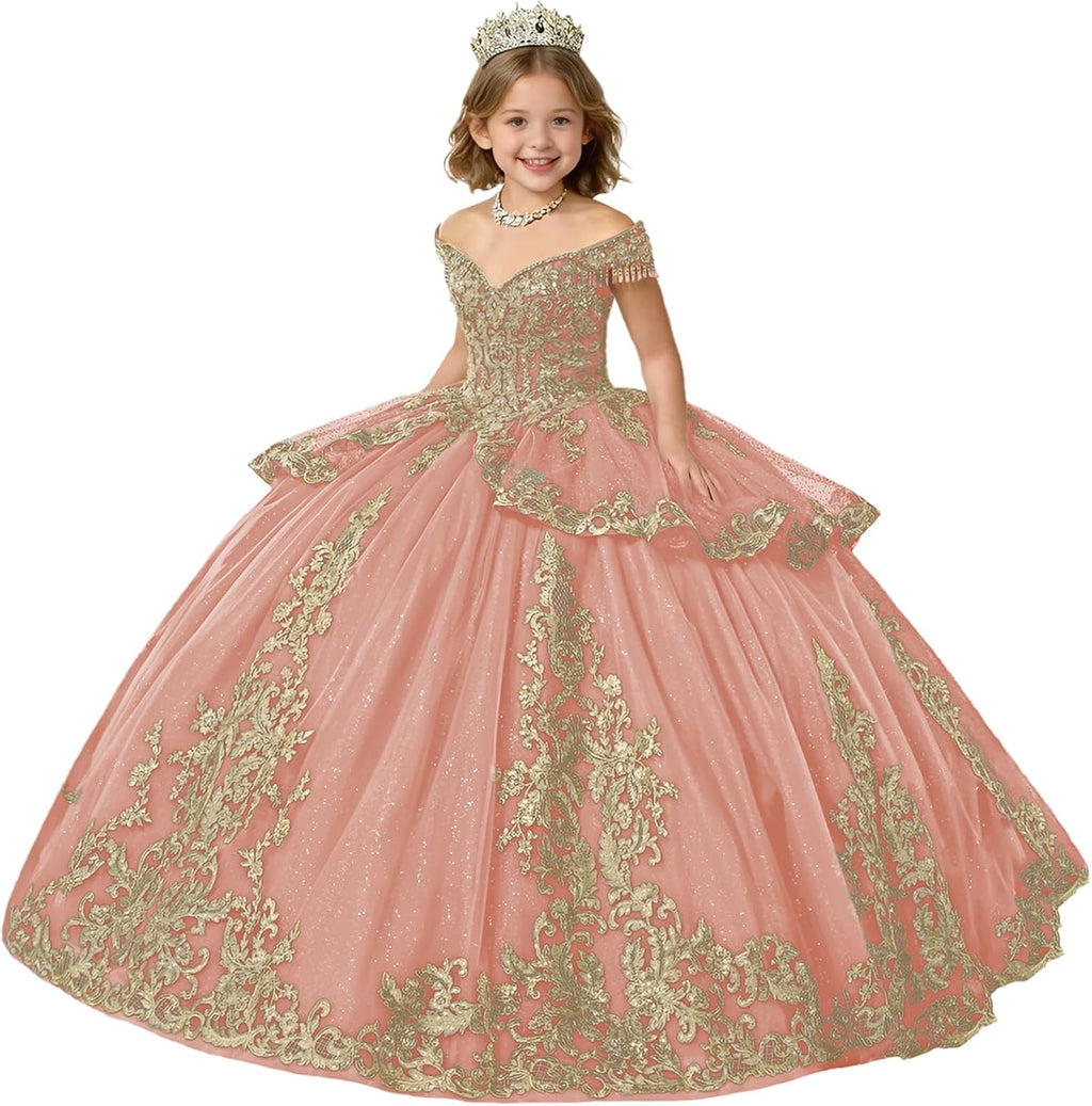 Gold Applique Flower Girl Dress with Tassels Crystal Girls Ball Gown Dresses Off Shoulder Girls Pageant Dress with Bow