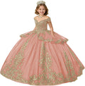 Gold Applique Flower Girl Dress with Tassels Crystal Girls Ball Gown Dresses Off Shoulder Girls Pageant Dress with Bow