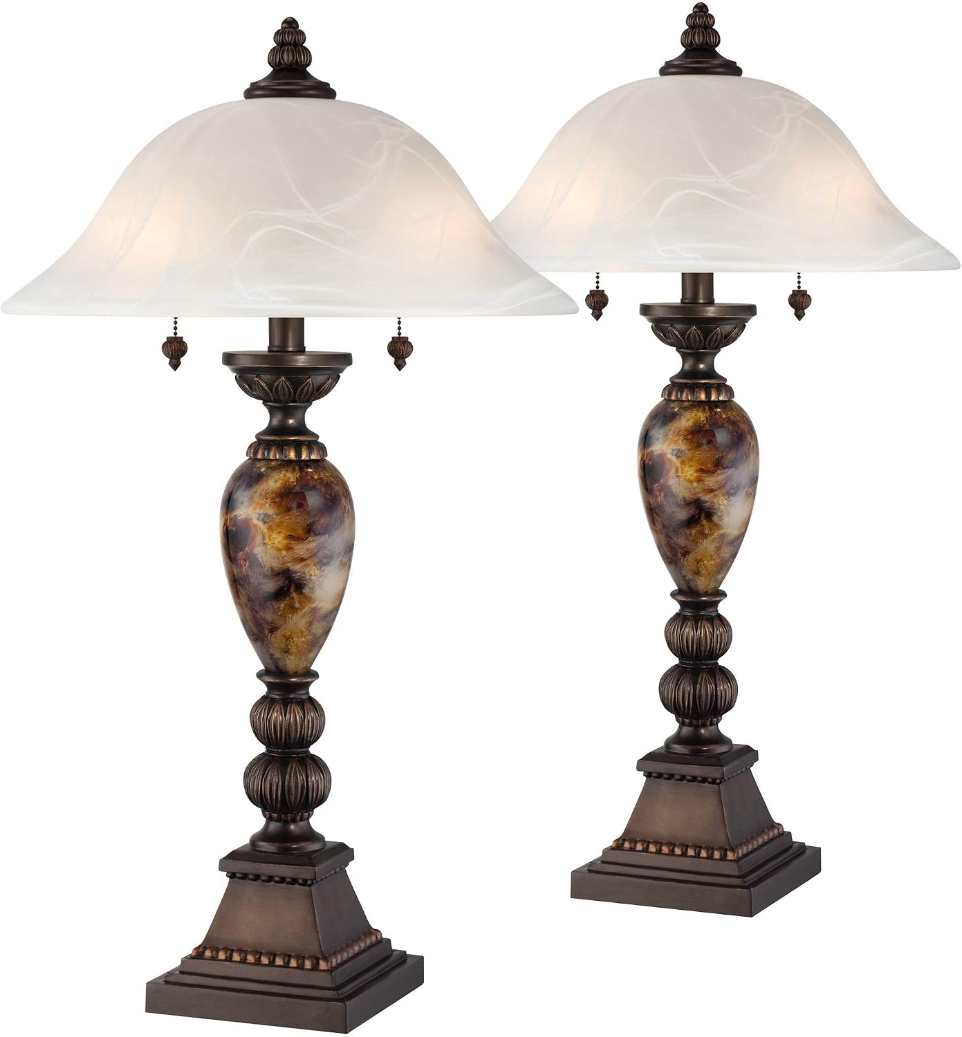 Kathy Ireland Mulholland Traditional Vintage Table Lamps 27' Tall Set of 2 Aged Bronze Faux Marble White Alabaster Glass Dome Shade for Living Room Bedroom House Bedside Nightstand Office