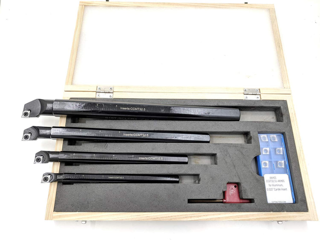 Accusize Sclcr Indexable Boring Bar Set, 1/2', 5/8', 3/4', 1' for Aluminum | 4 Pc Set with 14 CCGT32.51 AKH01 Carbide Inserts, Right Hand, Negative 5° Angle, 45HRC, Torx Screw Retention, P252-S528