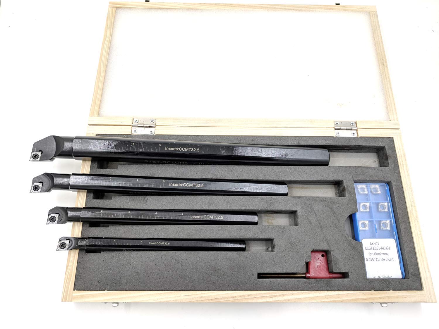 Accusize Sclcr Indexable Boring Bar Set, 1/2', 5/8', 3/4', 1' for Aluminum | 4 Pc Set with 14 CCGT32.51 AKH01 Carbide Inserts, Right Hand, Negative 5° Angle, 45HRC, Torx Screw Retention, P252-S528