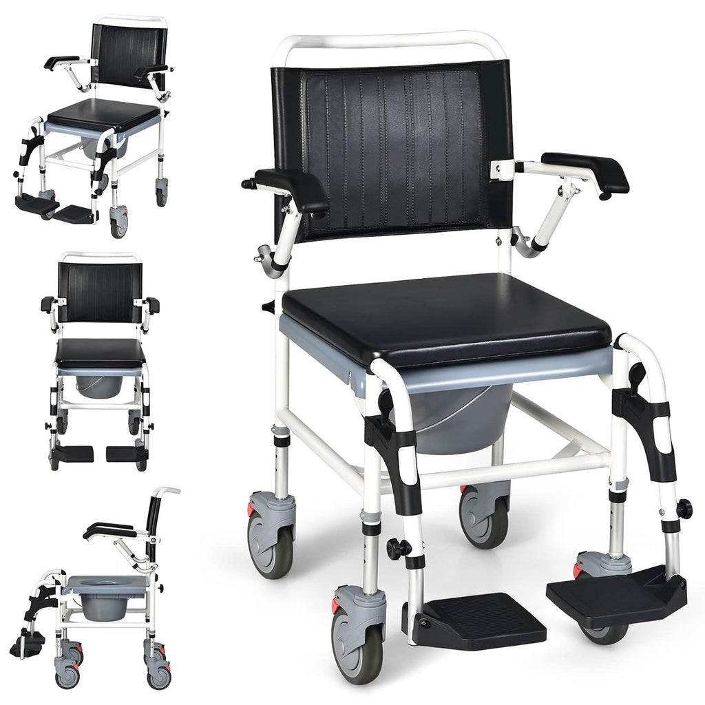 GYMAX 4-in-1 Bedside Commode, Shower Chair with Lockable Wheels, Height Adjustable Rolling Toilet Chair with Detachable Bucket, Portable Handicap Transport Wheelchair for Adult, Disabled, Elderly
