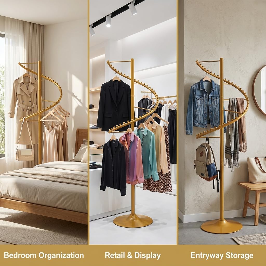 Spiral Rotating Clothing Rack, 5.91ft H 38-Ball Heavy Duty Garment Rack, Space Saving Standing Metal Sturdy Freestanding Hanger for Boutique Bedroom (Gold)