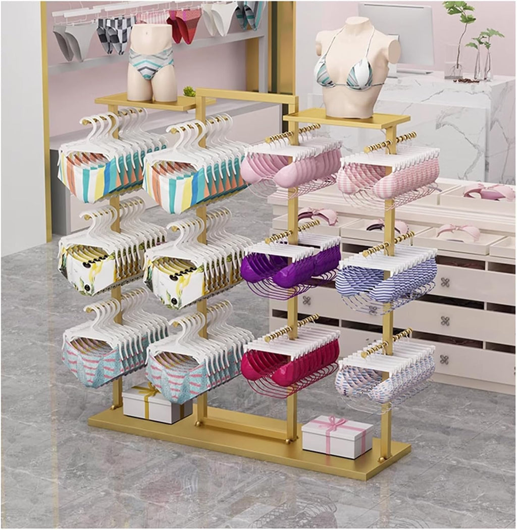 Coat Rack Stand, Underwear Display Stands, Freestanding Clothing Store Boutiques Retail Lingerie Garment Rack, Commercial Shelves for Socks Bra Panties Scarves Storage, 130x40x135CM, gold