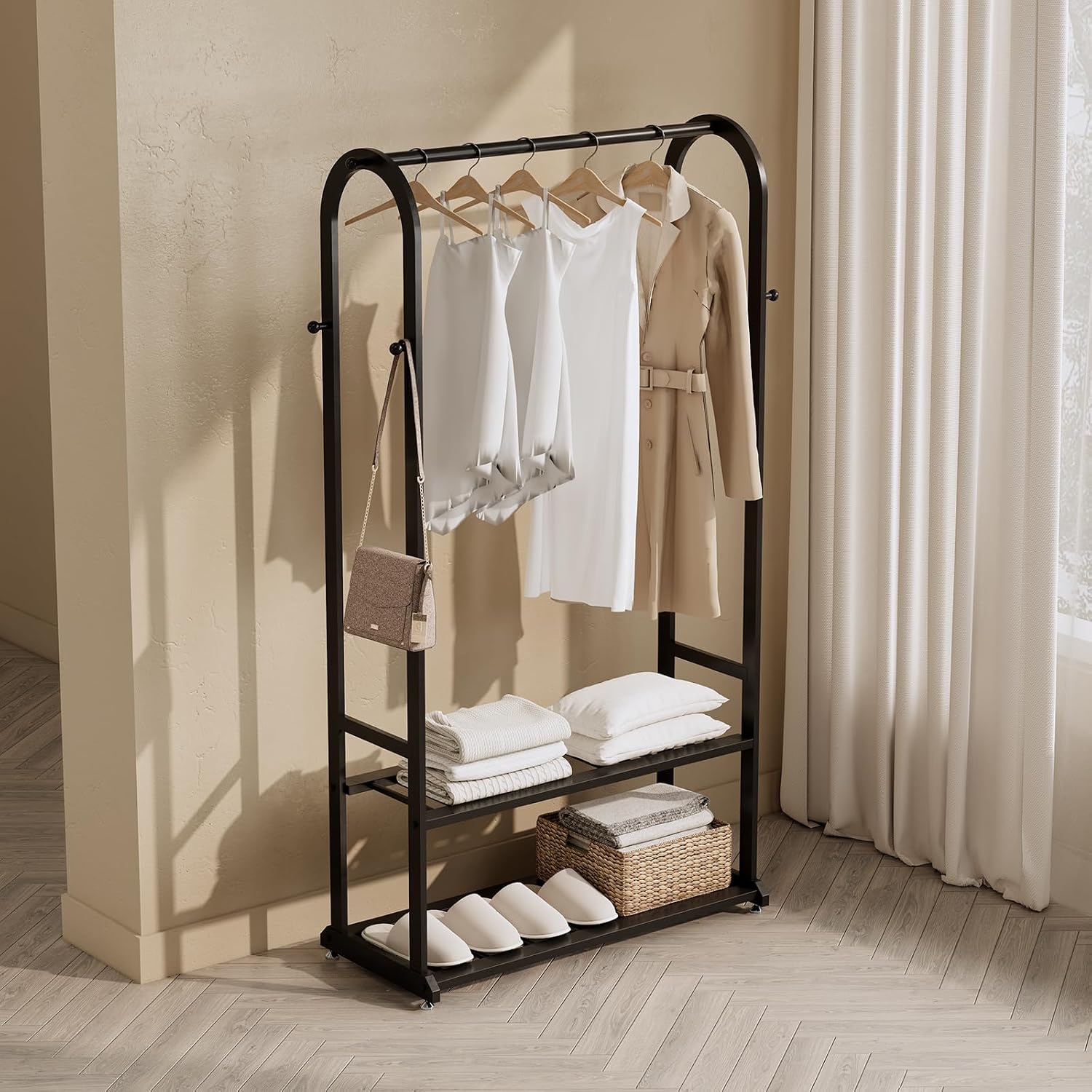 Freestanding Clothes Rack,Sturdy Metal Garment Racks for Hanging Clothes,Black Clothing Racks with bottom shelves & 6 Hooks,Multi-Functional Wardrobe Rack for Bedroom or Closet